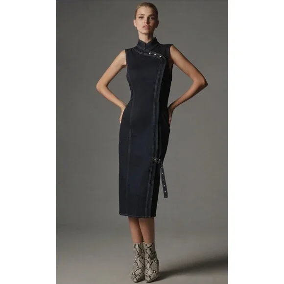 Anthropologie Porridge Midi Dress Women Denim Hardware Preppy Vacay Large NWT - Picture 4 of 12